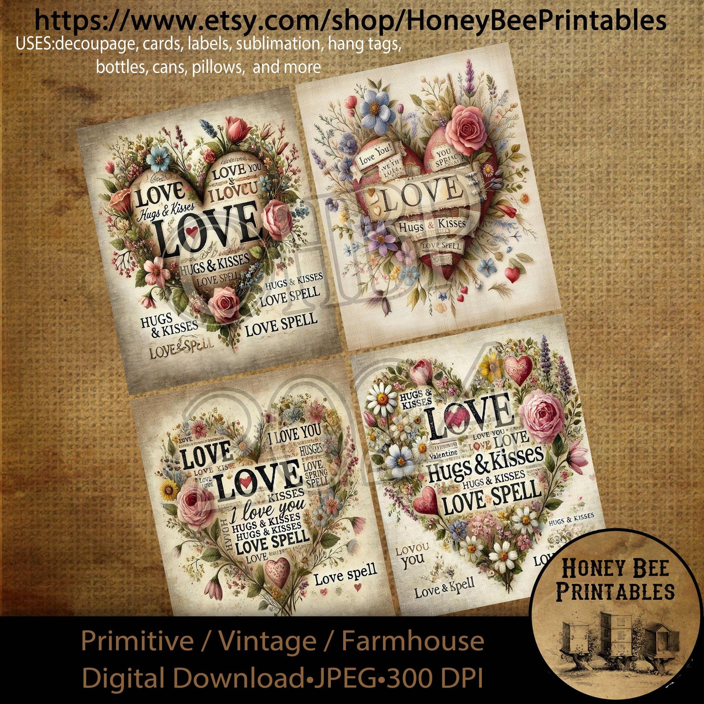 Digital Download, Printable, Decoupage, Prim, Craft Supplies, Rustic, Valentine, Love, Love Spell, Hugs & Kisses, Word Collage, Subway Art