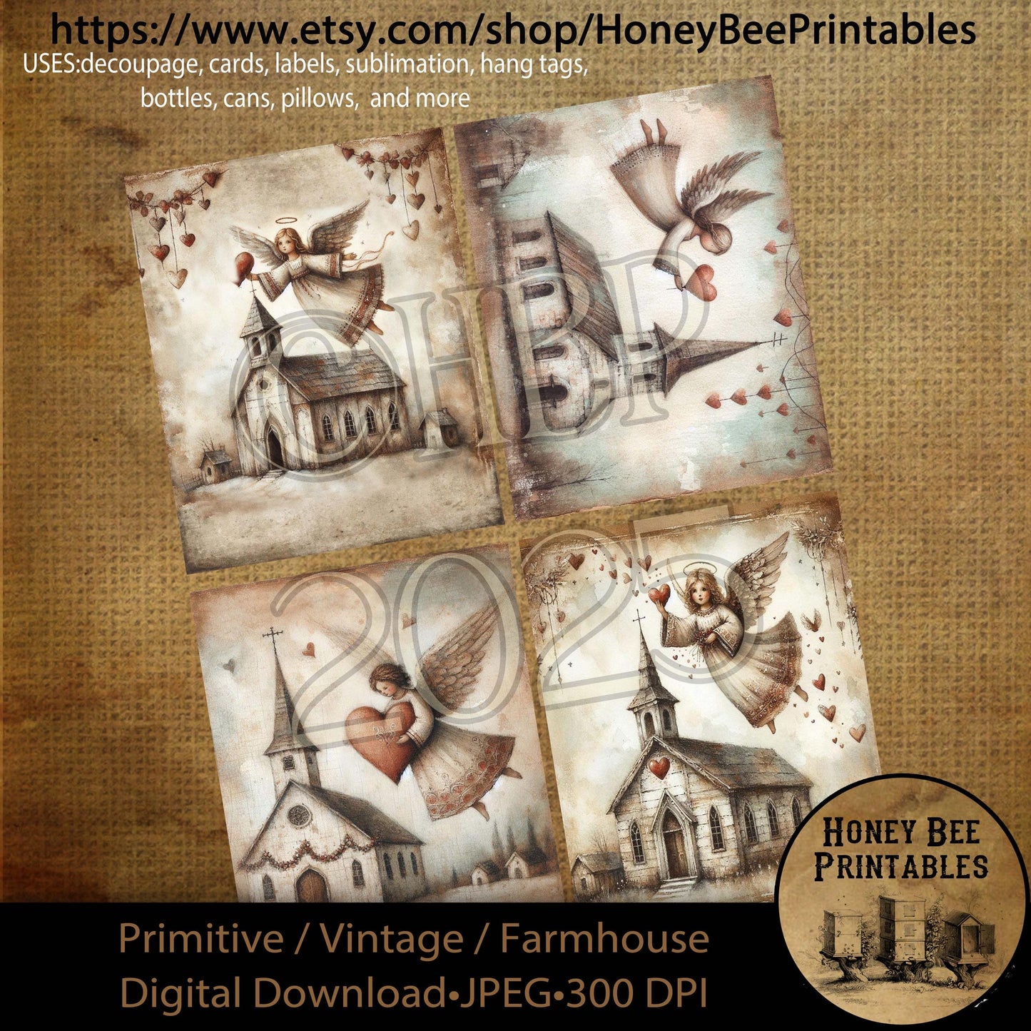 Digital Download, Printable, Decoupage, Prim, Craft Supplies, Rustic, Valentine, Love, Chapel, Church, Angel, Hearts, Primitive, Rustic, 4x5