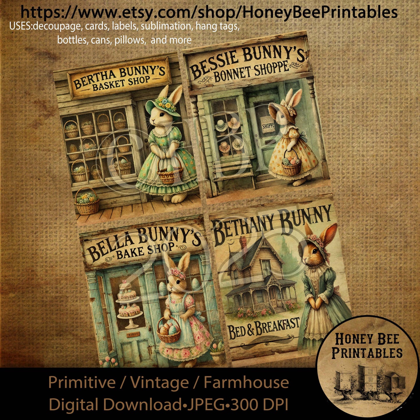 Digital Download, Printable, Decoupage, Prim, Craft Supplies, Rustic, Easter, Easter Bunny, Rabbit, Easter Shops, Baskets, Bake Shop, Bonnet