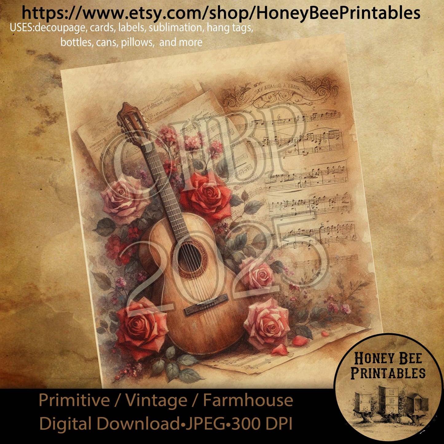 Digital Download, Printable, Decoupage, Primitive, Craft Supplies, Vintage, Rustic, Shabby, Valentine, Roses, Music, Guitar, Romantic