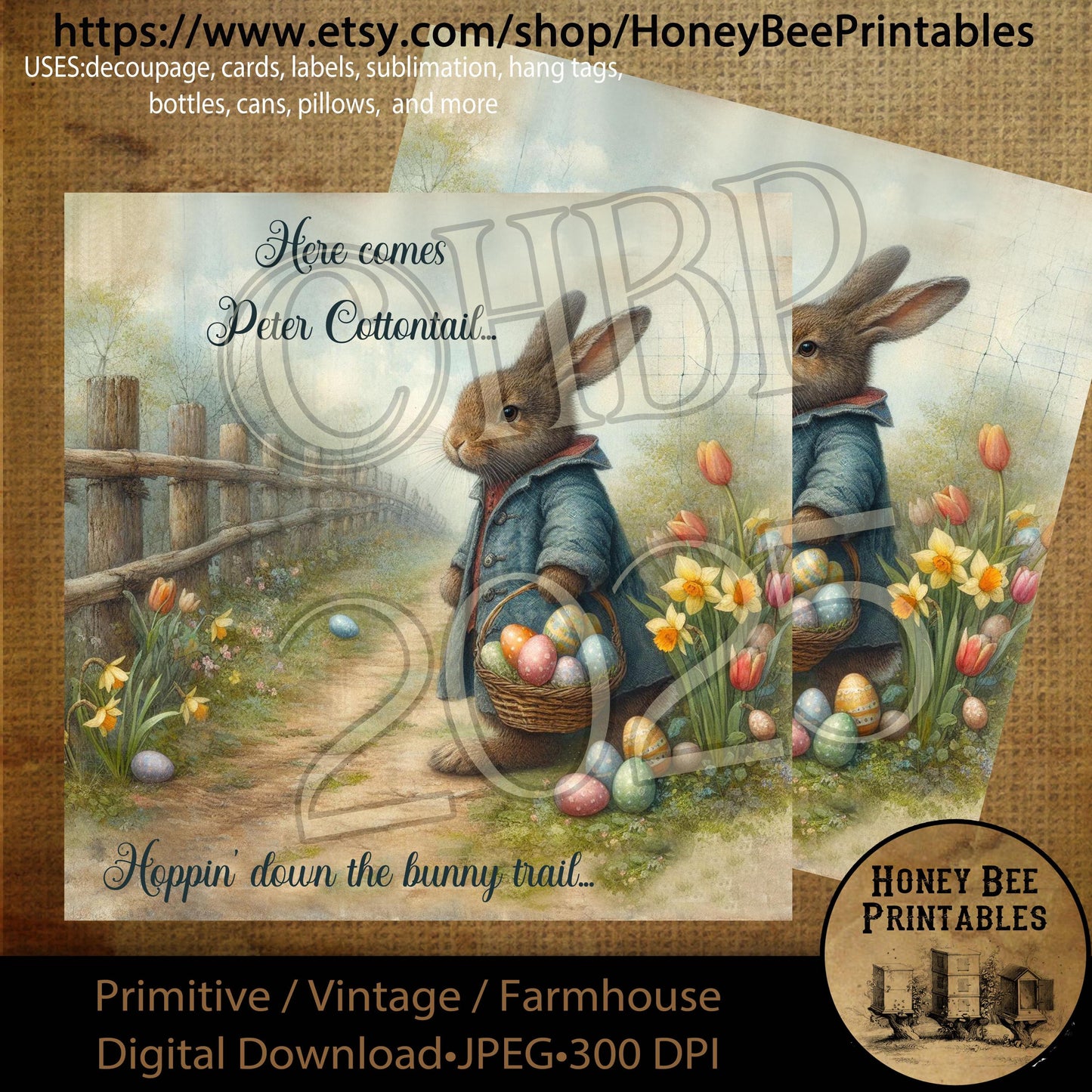 Digital Download, Printable, Decoupage, Primitive, Craft Supplies, Vintage, 8x8, Peter Cottontail, Bunny Trail, Easter, Basket, Rabbit, Eggs