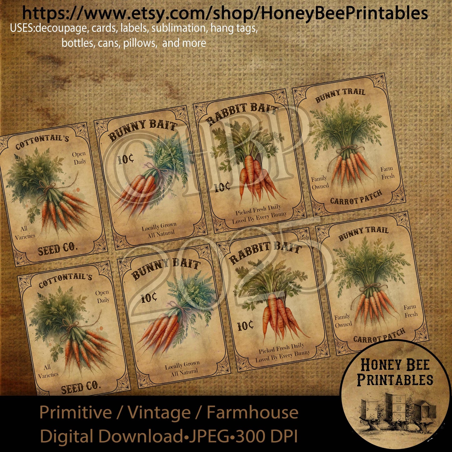 Digital Download, Digital Art, Printable, Decoupage, Primitive, Craft Supplies, ATC, Cards, Carrots, Bunny Bait, Rabbit Bait, Carrot Patch