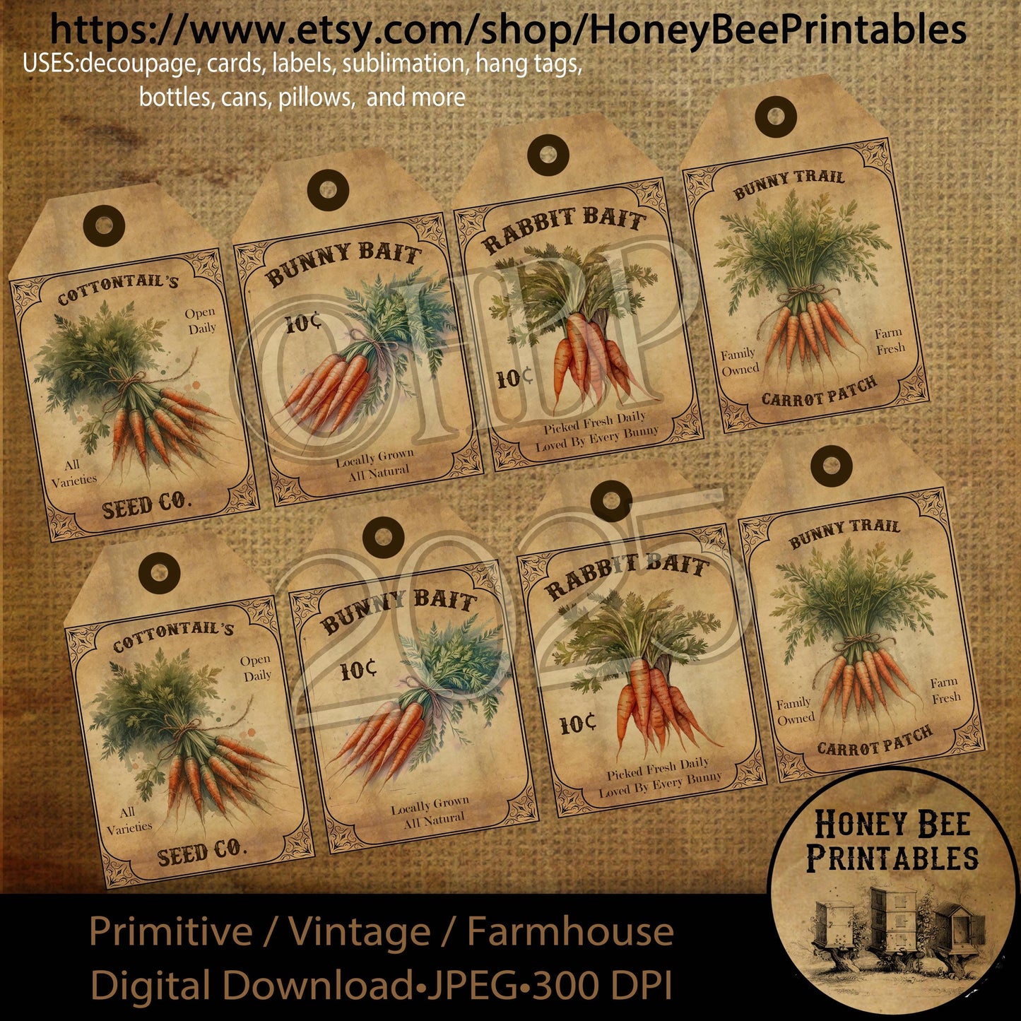 Digital Download, Digital Art, Printable, Decoupage, Primitive, Craft Supplies, Hang Tags, Carrots, Bunny Bait, Rabbit Bait, Carrot Patch