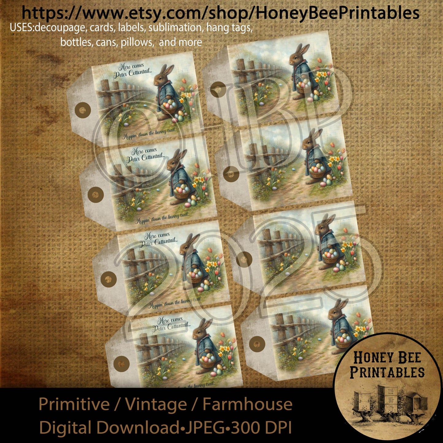 Digital Download, Digital Art, Printable, Decoupage, Primitive, Craft Supplies, Hang Tags, Peter Cottontail, Bunny Trail, Easter, Basket