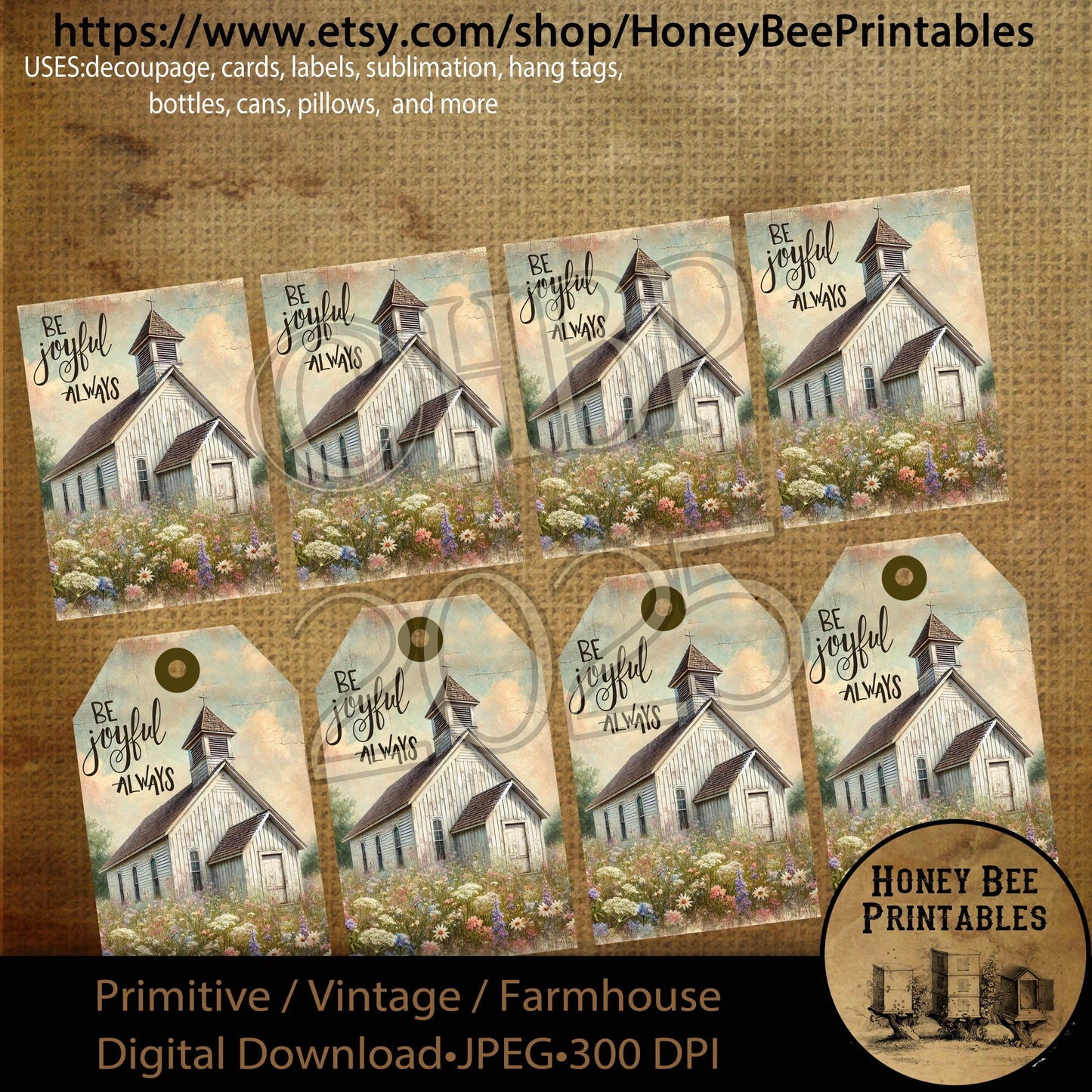 Digital Download, Printable, Decoupage, Primitive, Vintage, Rustic, Spring, Church, Chapel, Wildflowers, Be Joyful, Hand Lettering, ATC, Tag