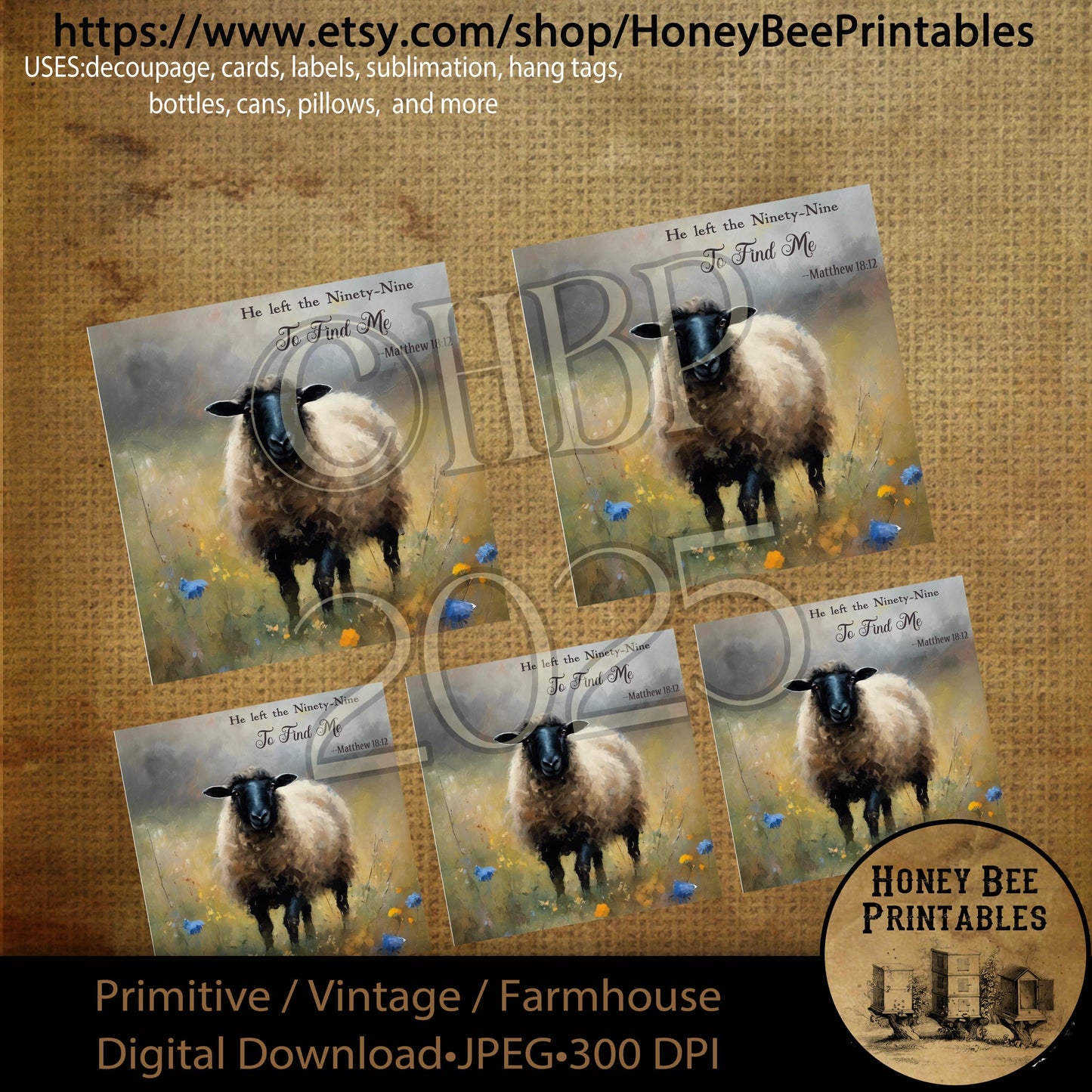 Digital Download, Printable, Decoupage, Primitive, Vintage, Sheep, Wildflowers, He Left the 99, Religious, Scripture, Bible, 4x4, 3x3