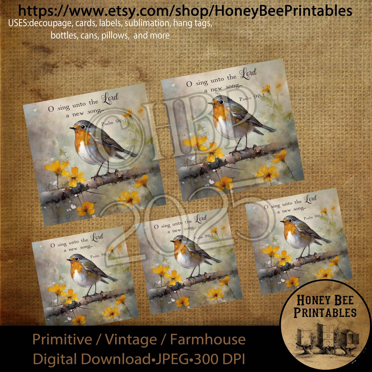 Digital Download, Printable, Decoupage, Primitive, Vintage, Bird, Wildflowers, Religious, Bible Verse, Robin, Sing Unto the Lord, 4x4, 3x3