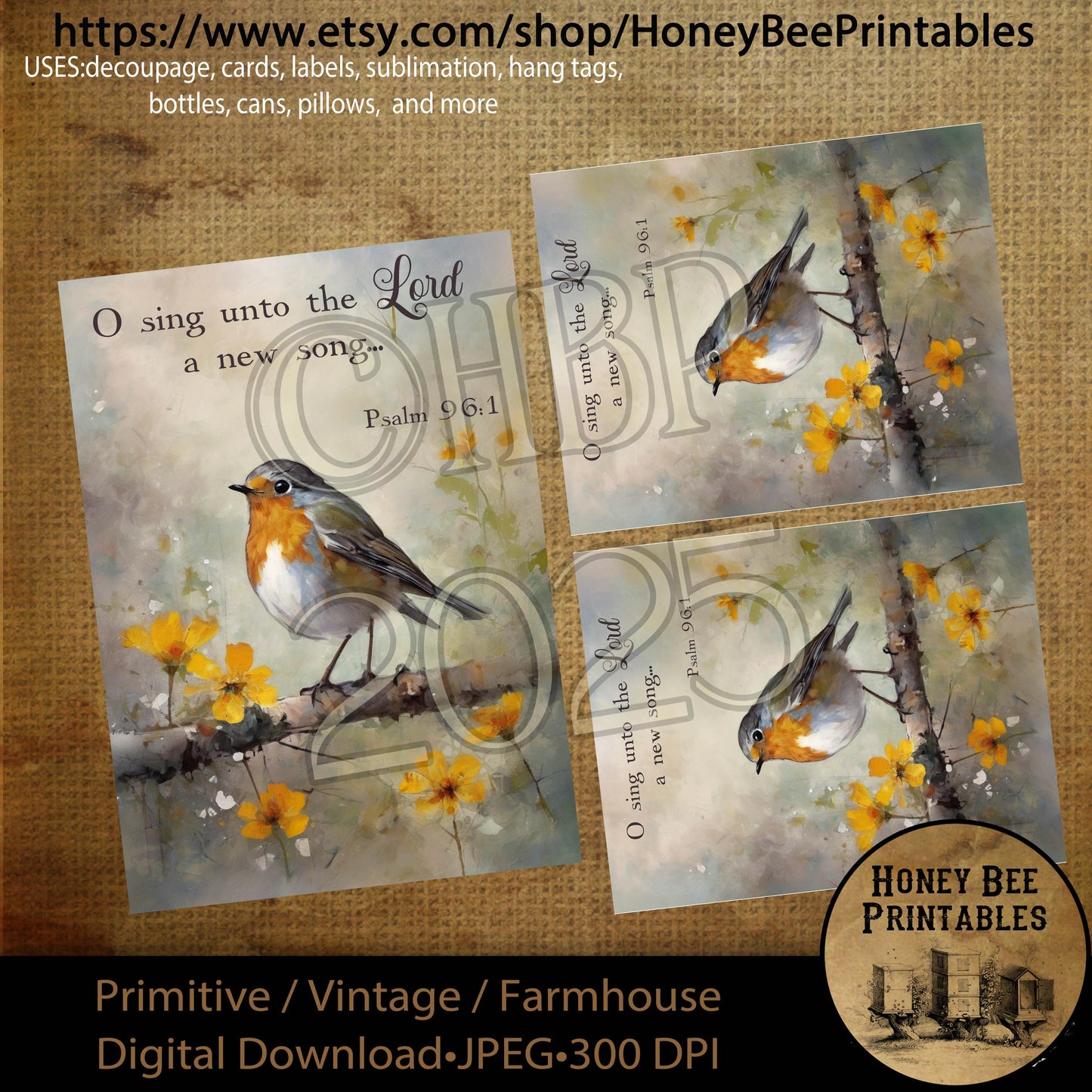 Digital Download, Printable, Decoupage, Primitive, Vintage, Wildflowers, Bird, Bible Verse, Religious, Robin, Sing Unto The Lord, 5x7, 4x5