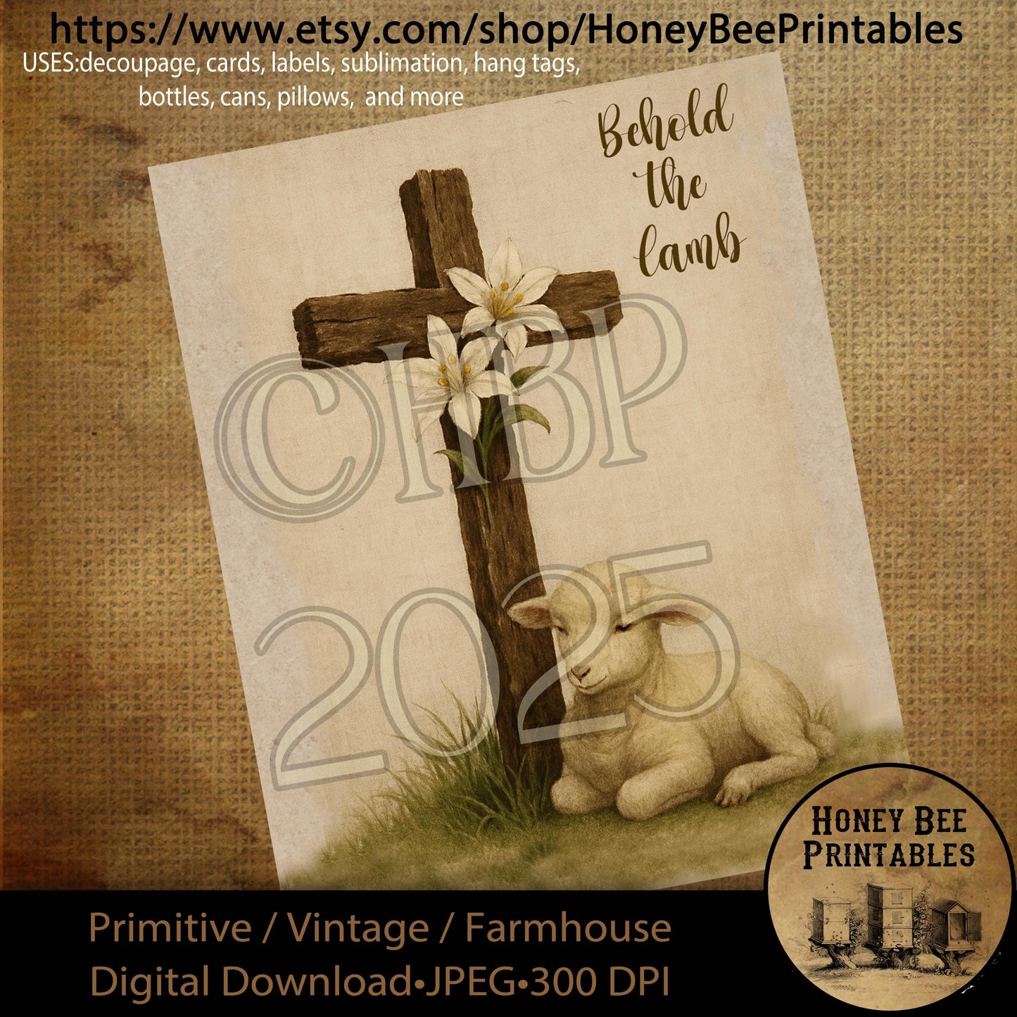 Digital Download, Printable, Decoupage, Primitive, Vintage, Spring, Bible, Religious, Easter, Cross, Jesus, Behold the Lamb, Sheep, 8x10
