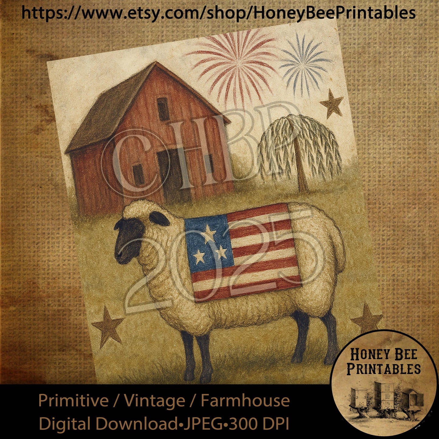 Digital Download, Printable, Decoupage, Primitive, Craft Supplies, Rustic, Americana Barn, Flag, Sheep, Willow Tree, Patriotic, 8x10