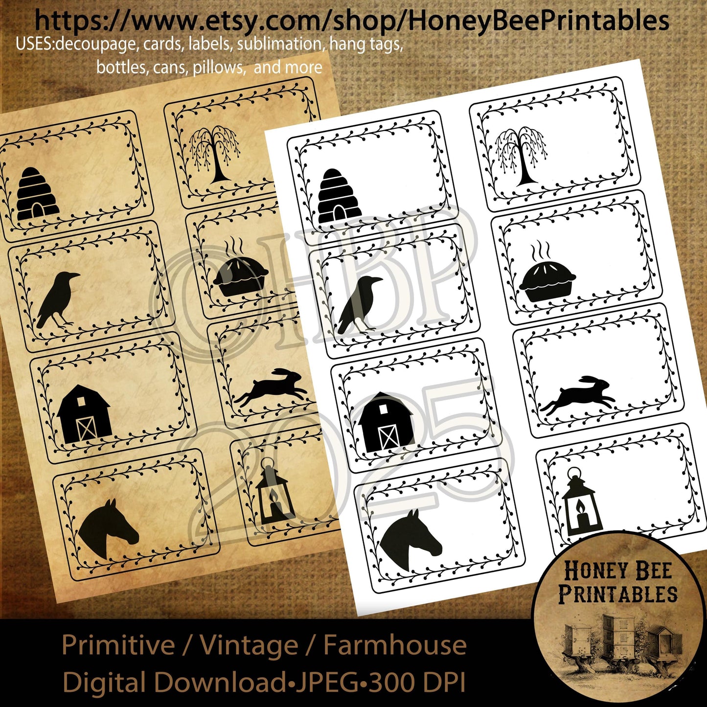 Digital Download, Digital Art, Printable, Decoupage, Primitive, Craft Supply, ATC, Cards, Labels, Crow, Rabbit, Willow, Barn, Lantern, Set 1