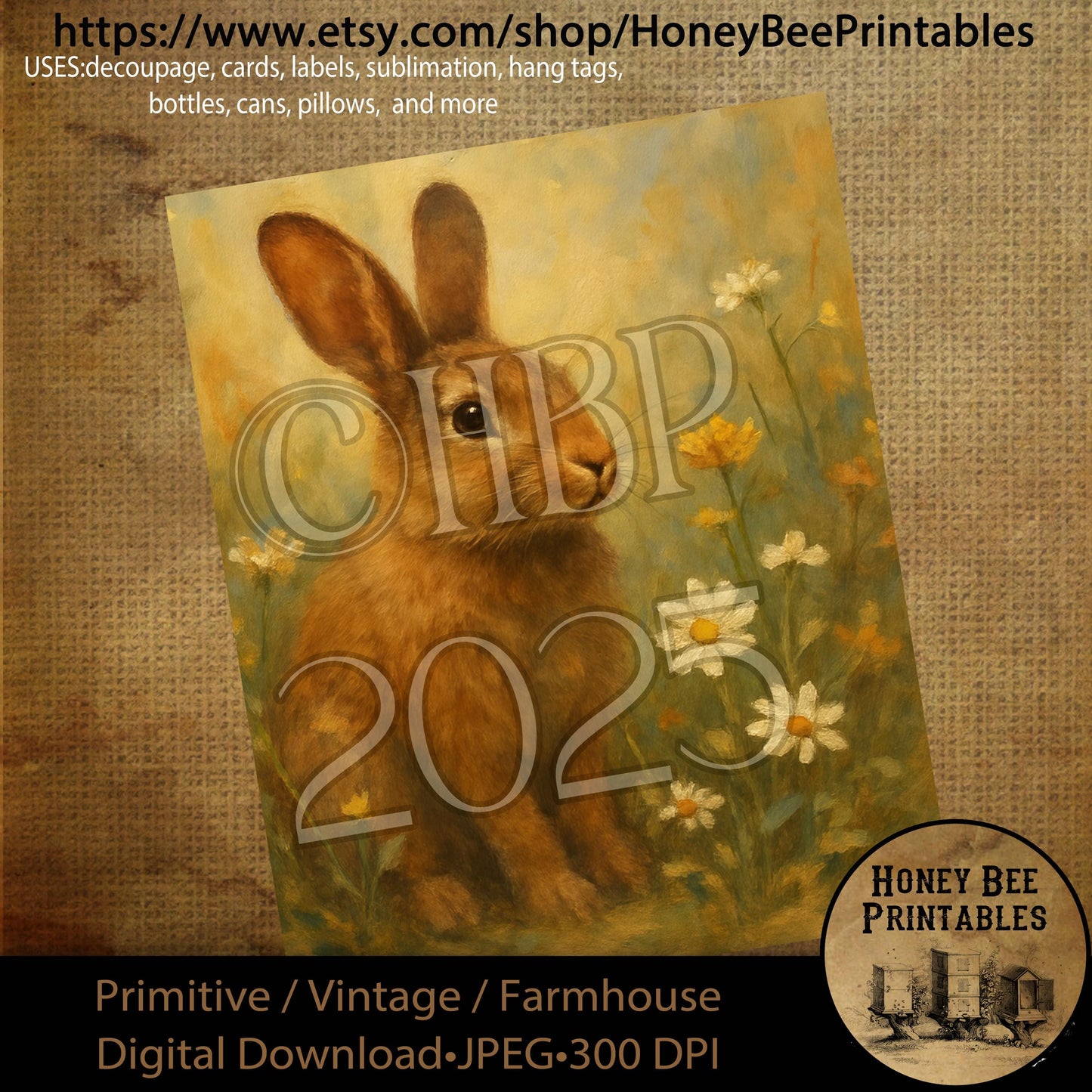 Digital Download, Printable, Decoupage, Primitive, Vintage, Spring, Spring, Bunny, Blooms, Flowers, Rabbit, Easter, Floral, Daisies, 8x10