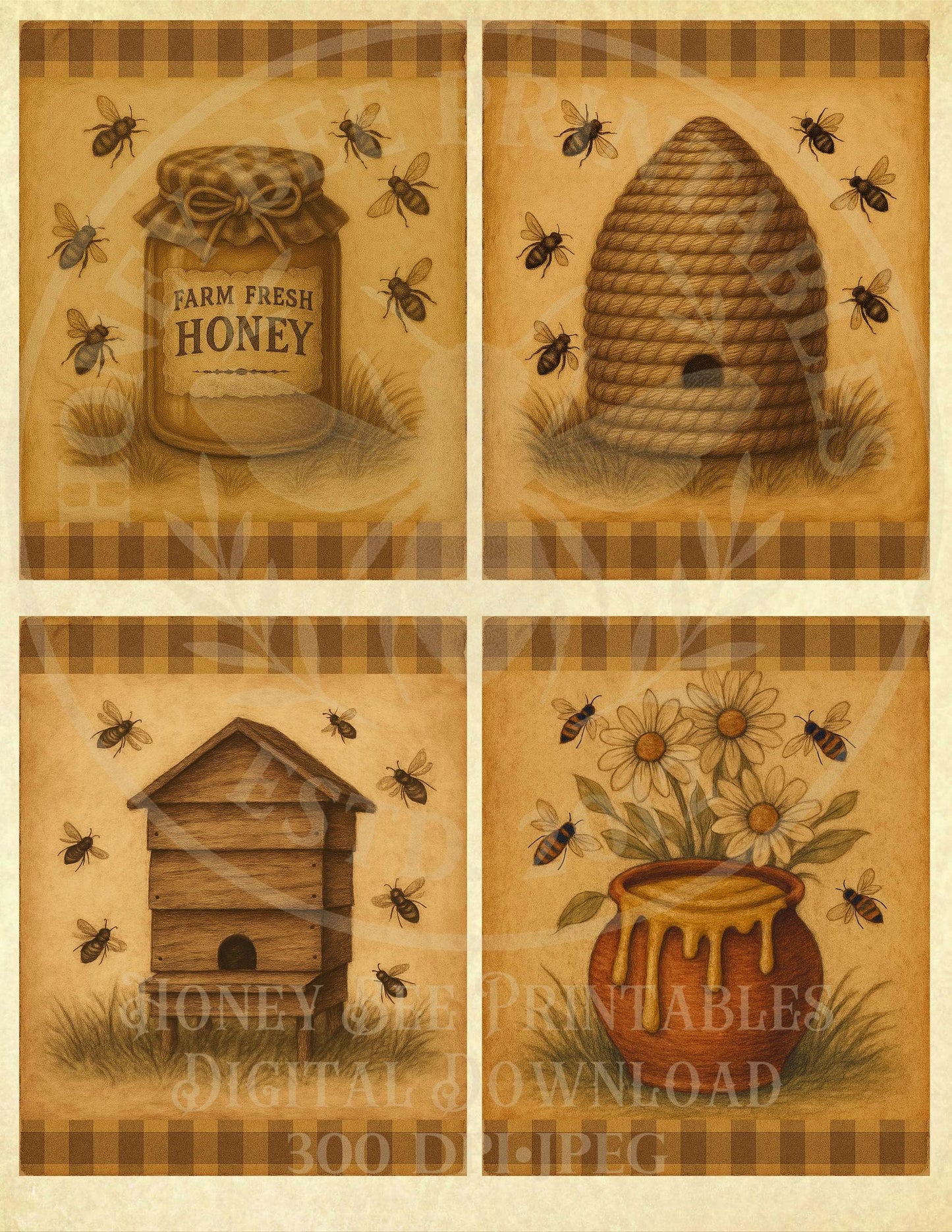 Bee Skep, Honey Pot, Honey Jar, Bee Apiary, Summer, Flowers, Digital Download, Digital Art, Printable, Decoupage, Primitive, Set/ 4, 4x5