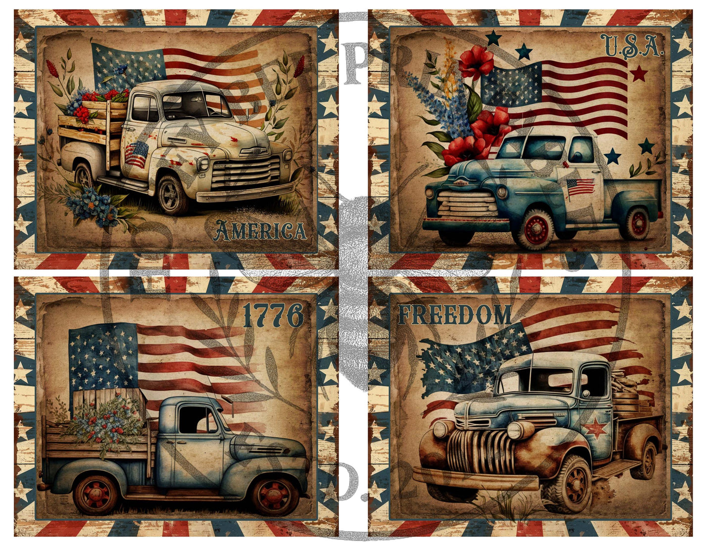 Vintage Truck, America, Patriotic, USA, Flag, 1776, Freedom, Digital Download, Digital Art, Printable, Decoupage, Primitive, Set/ 4, 4x5