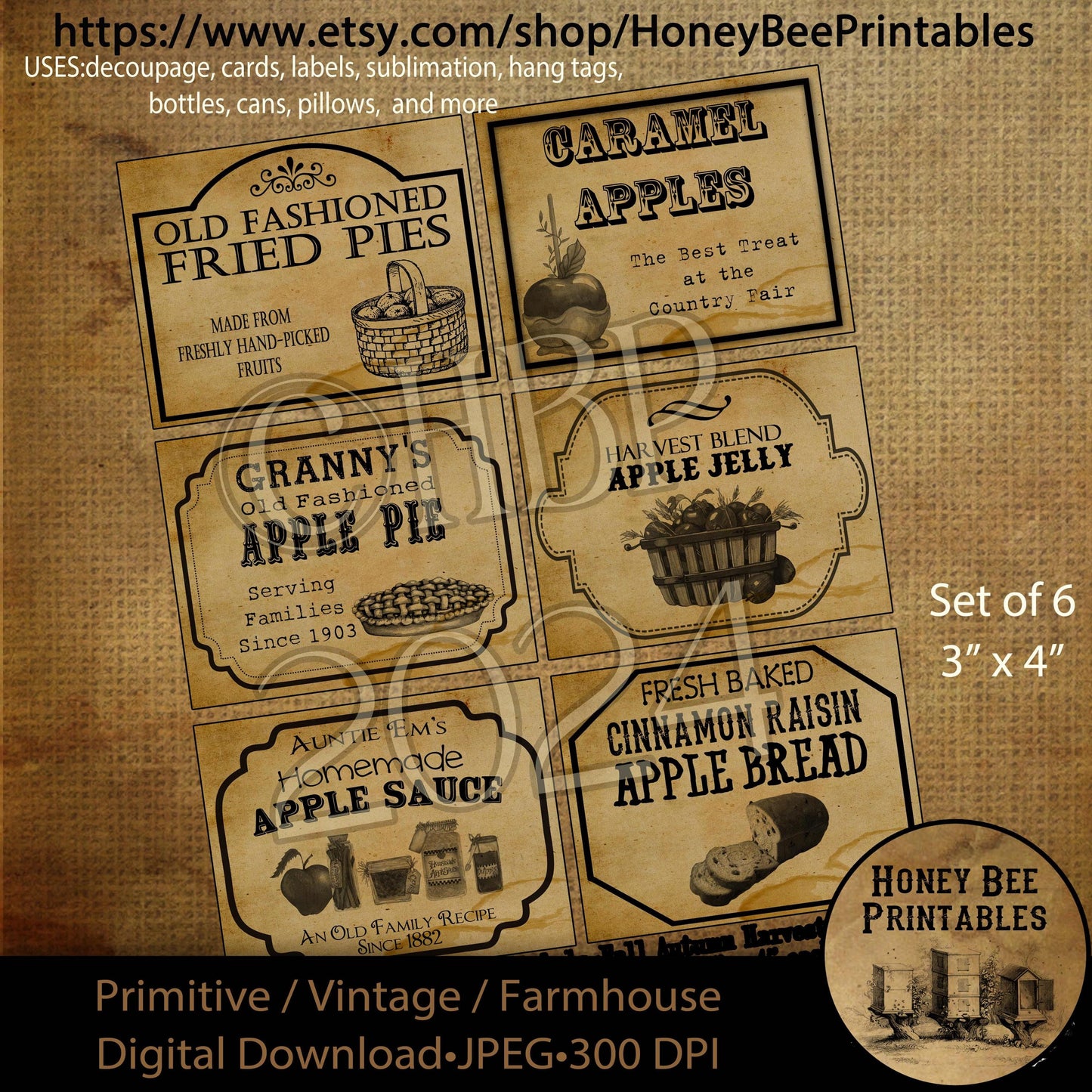 Digital Download, Printable, Decoupage, Vintage, Set/6, Primitive Pantry Labels, Fried Pies, Apples, Apple Sauce, Apple Jelly, Apple Pie
