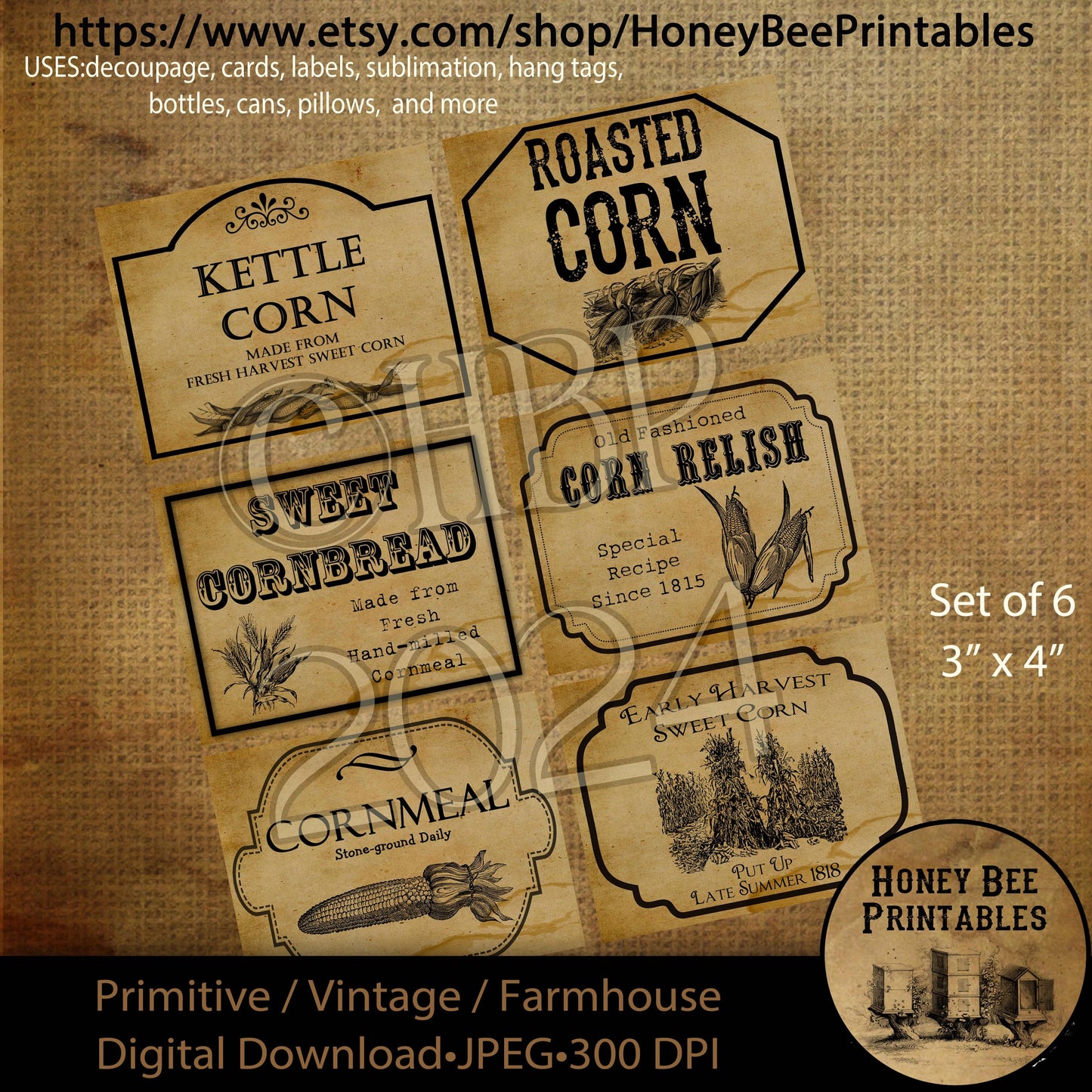 Digital Download, Printable, Decoupage, Set/6, Primitive Pantry Labels, Kettle Corn, Roasted Corn, Cornbread, Corn Relish, Cornmeal