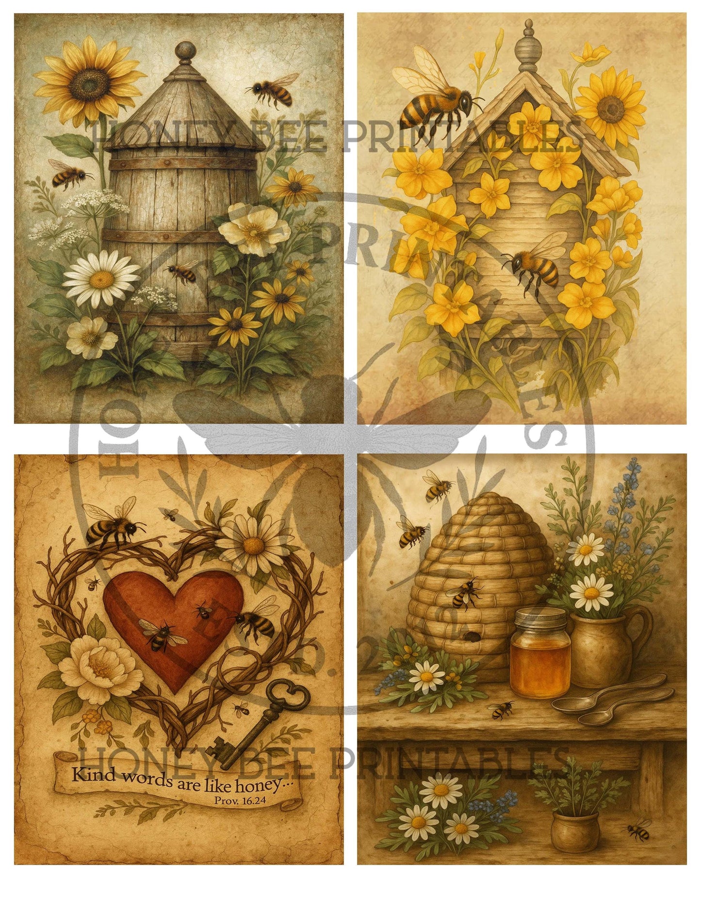 Bee Skep, Honey Pot, Honey Jar, Bee Apiary, Summer, Flowers, Digital Download, Digital Art, Printable, Decoupage, Primitive, Set/ 4, 4x5, #2