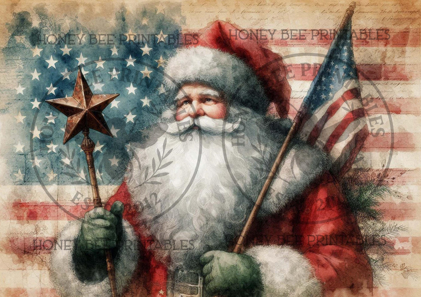 Digital Download, Printable, Decoupage, Primitive, Craft Supplies, Santa Claus, Old World Santa, Americana, Patriotic, Flag, Star, L#2, A4