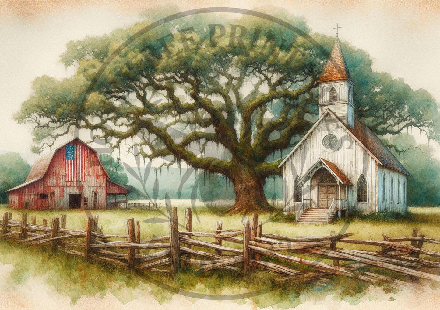 Digital Download, Printable, Decoupage, Primitive, Craft Supplies, Vintage, Americana, Patriotic, A4, Old White Chapel, Red Barn, Flag, 3