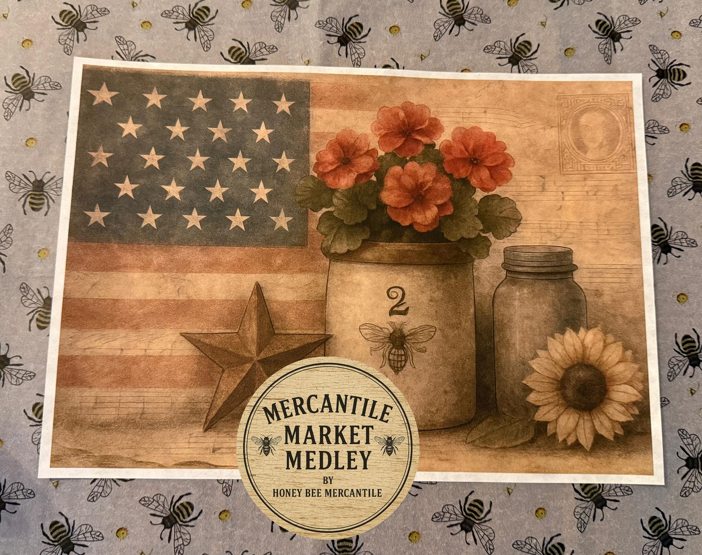 Vintage Digital Download Printable Decoupage Primitive, Mercantile Market Medley Decoupage Kit, Americana, Patriotic, Music, Stars, America