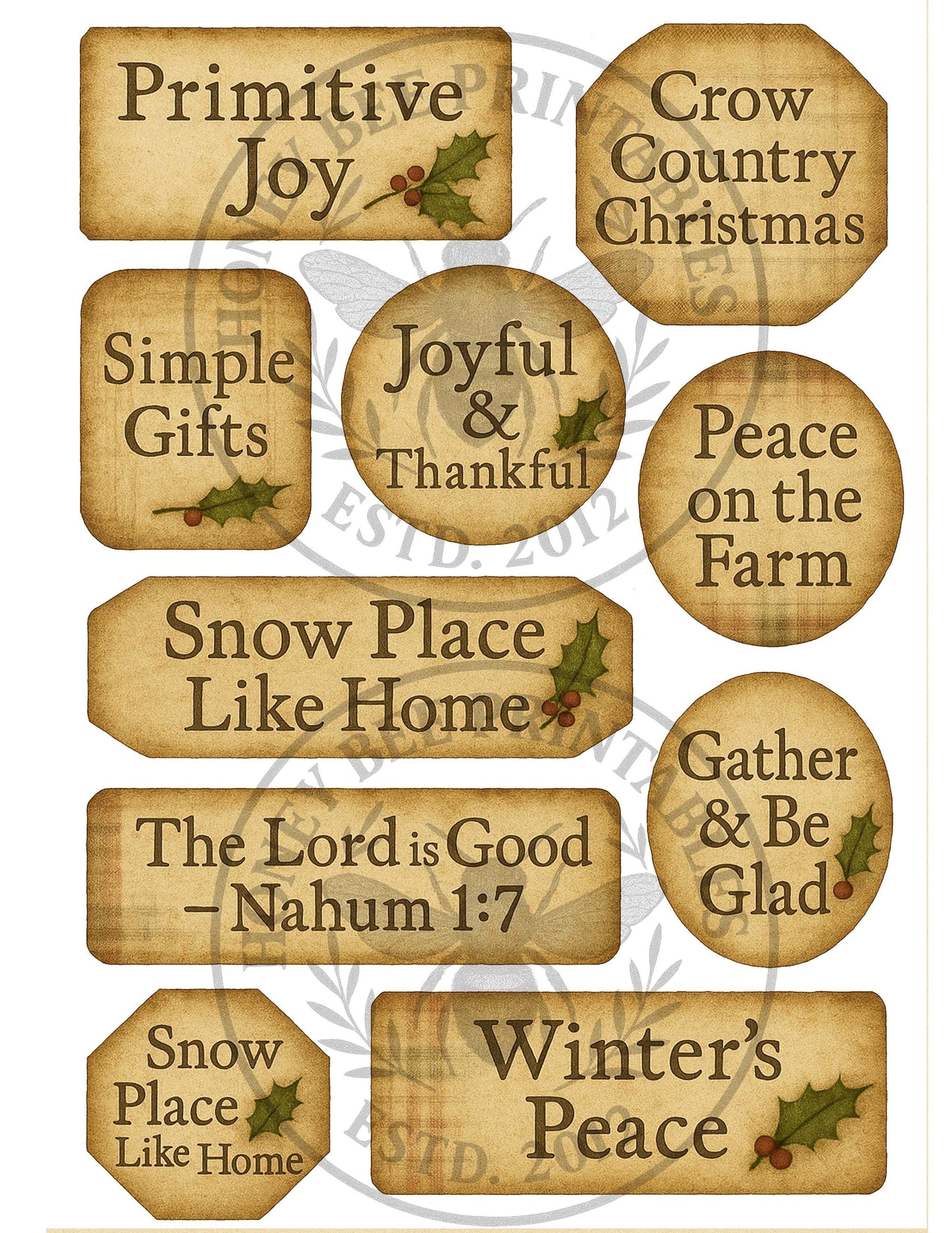 Digital Download, Printable, Decoupage, Primitive, Christmas Labels, Handmade, Jars, Cans, Crafts, Set 3, Snow, Crow, Primitive Joy, Peace