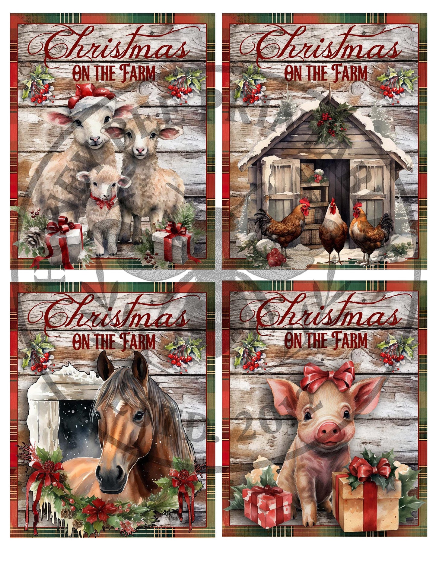 Digital Download, Digital Art, Printable, Decoupage, Primitive, Craft Supplies, 4x5, Christmas on the Farm, Chickens, Pigs, Horse, Sheep