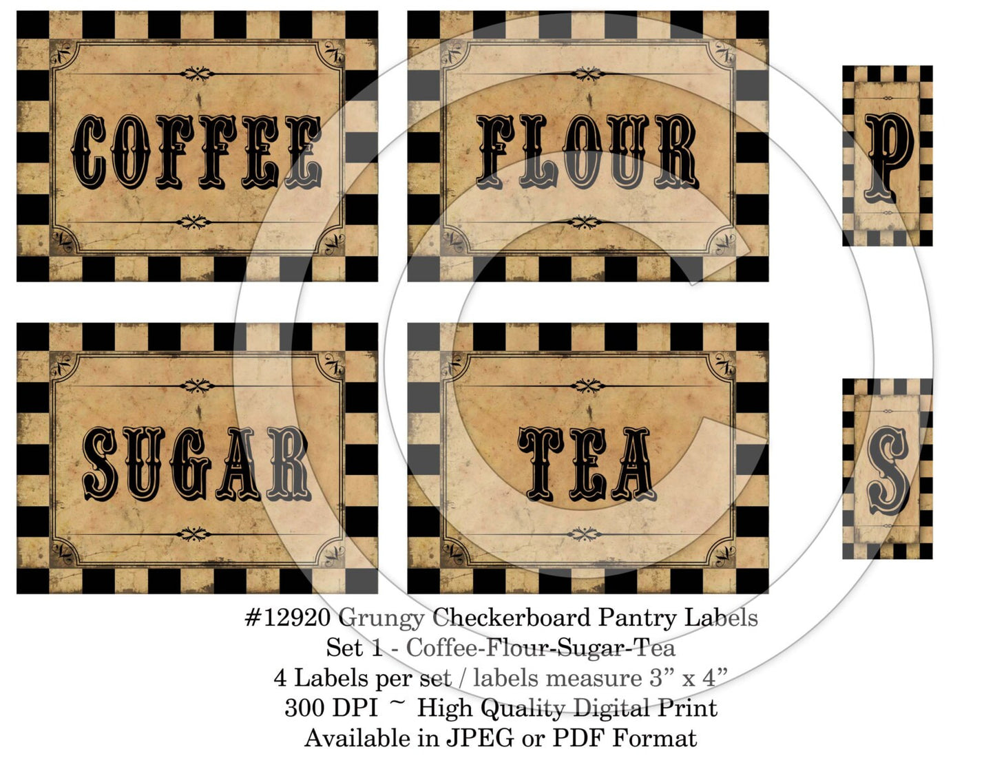 Primitive Grungy Black Checkered Kitchen Pantry Farmhouse Labels - Printable Digital JPEG - Instant Download -12920 Set 1 for Crocks Jars