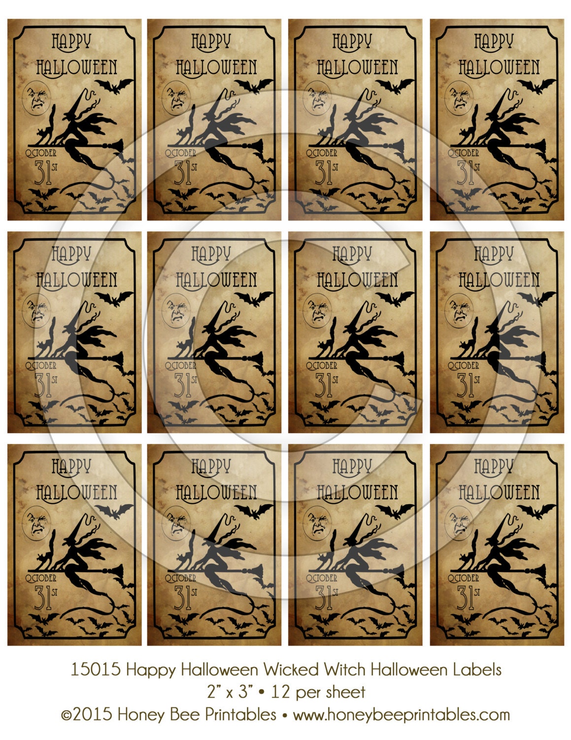 Primitive Grungy Halloween Witch Bat 2x3 Labels: Printable Digital JPEG File-Instant Download-Use on Jars,crock,crates,books,cards,ornies