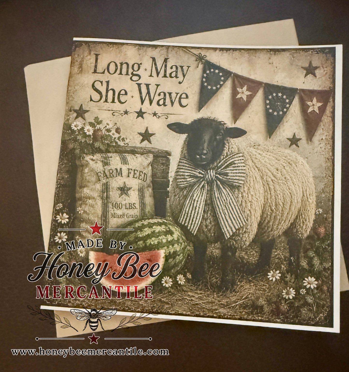Long May She Wave Patriotic Note Card, Sheep, Watermeong, Flag, 5.25x5.25" square