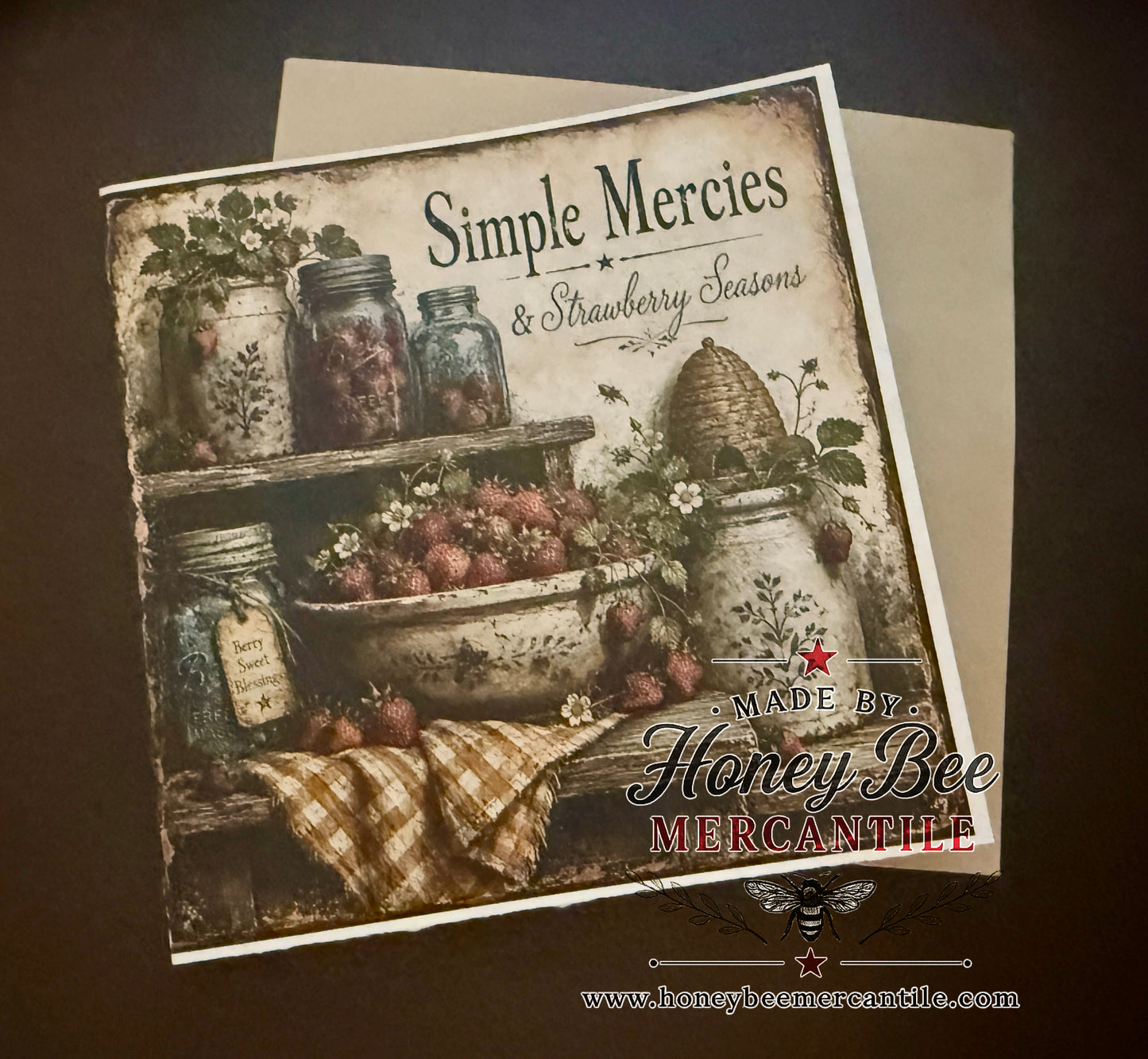 Simple Mercies and Strawberry Seasons Note Card, 5.25x5.25" square