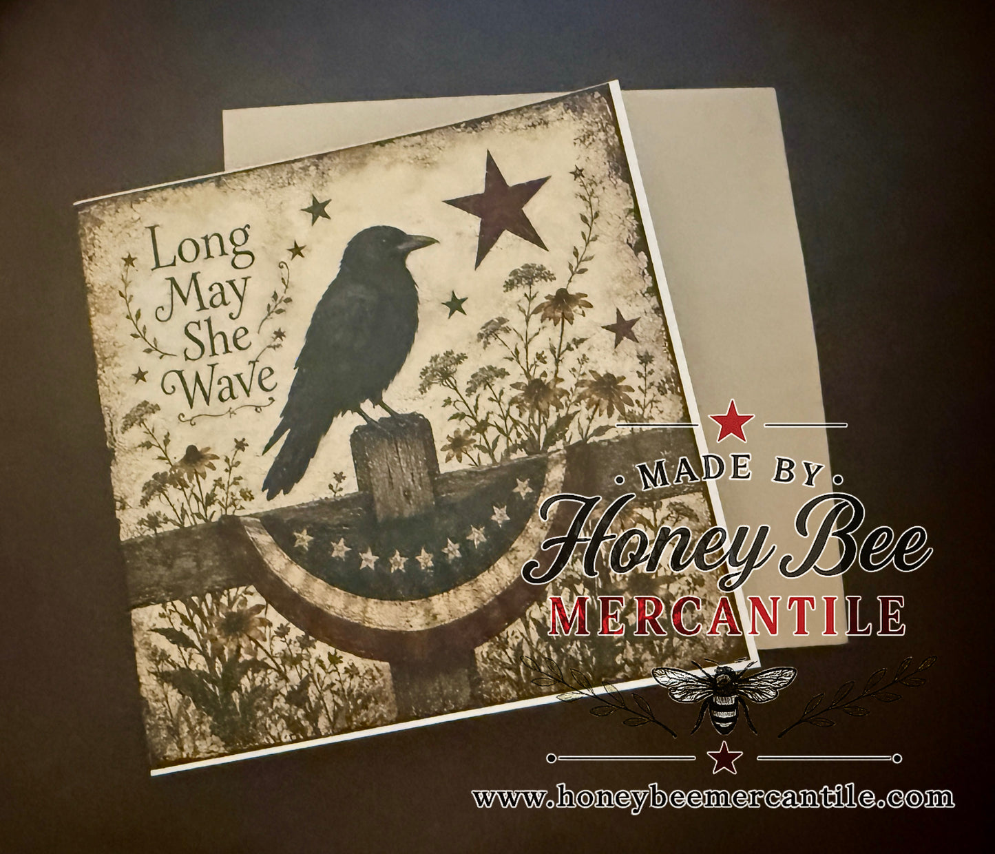 Long May She Wave, Crow Patriotic Note Card, 5.25x5.25" Square Card, PRINTED