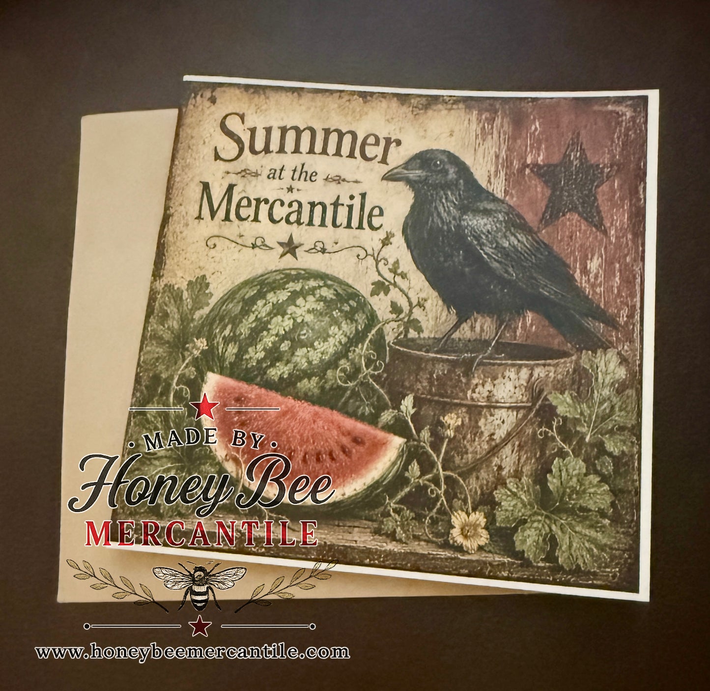 Summer At The Mercantile Note Card, Crow and Watermelon, 5.25x5.25" square