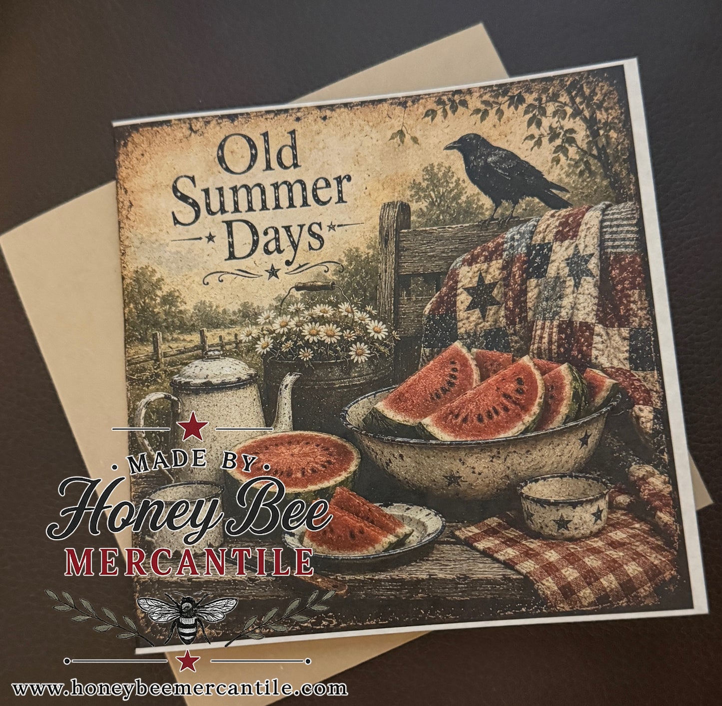 Old Summer Days Note Card, Crow, Quilt, and Watermelon, 5.25x5.25" square