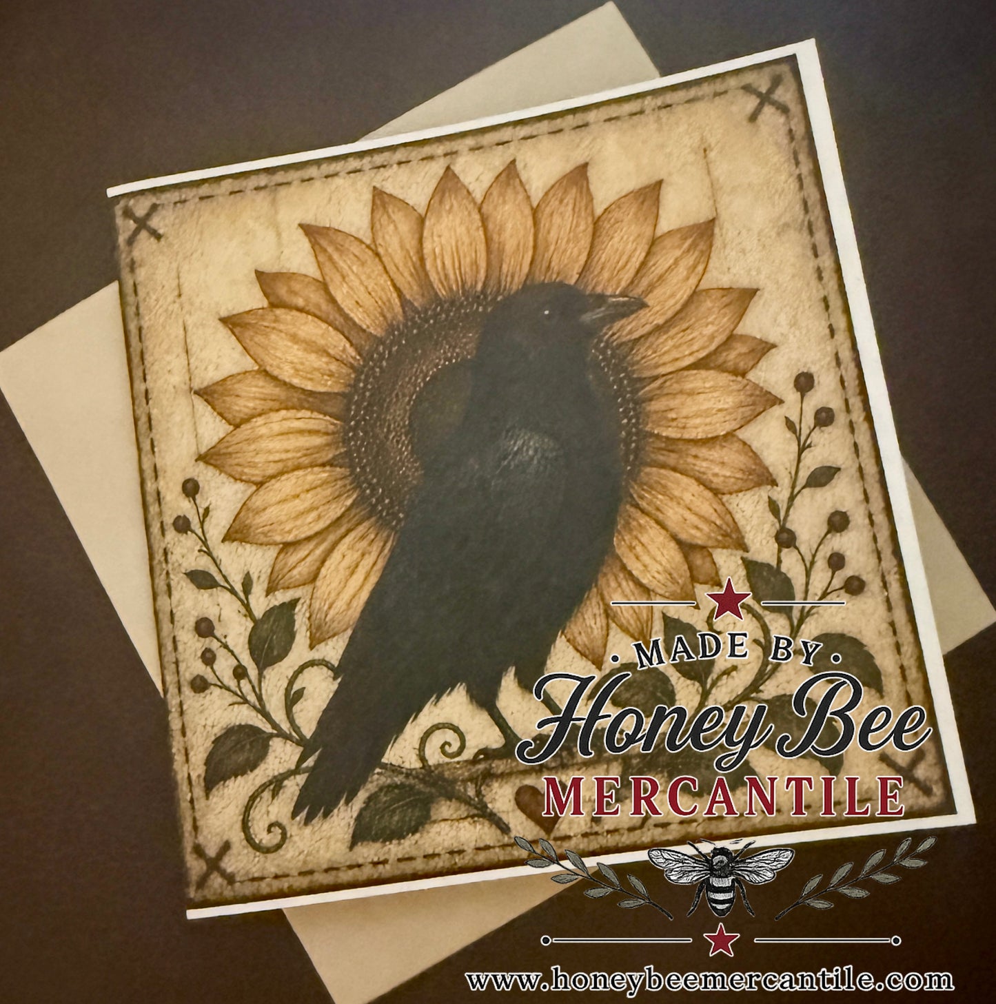 Crow and Sunflower Note Card, 5.25x5.25" square