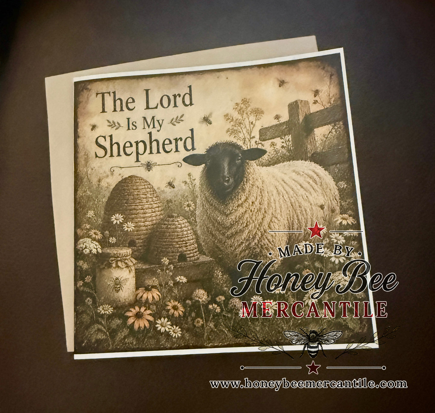 The Lord Is My Shepherd Note Card, Sheep, Skep and Flowers, 5.25x5.25" square