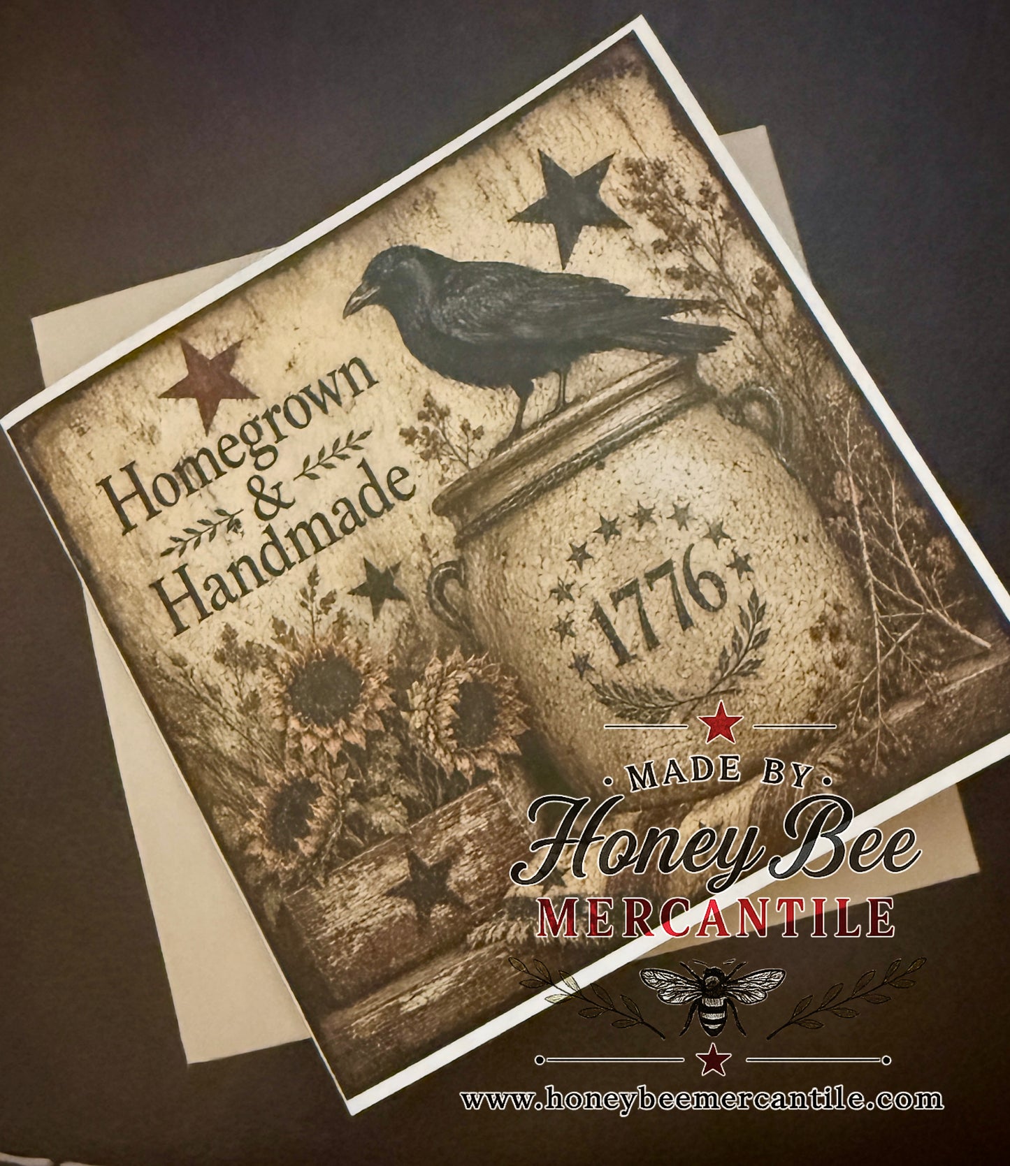 Homegrown & Handmade Note Card, Crow and 1776 Jug, 5.25x5.25" square