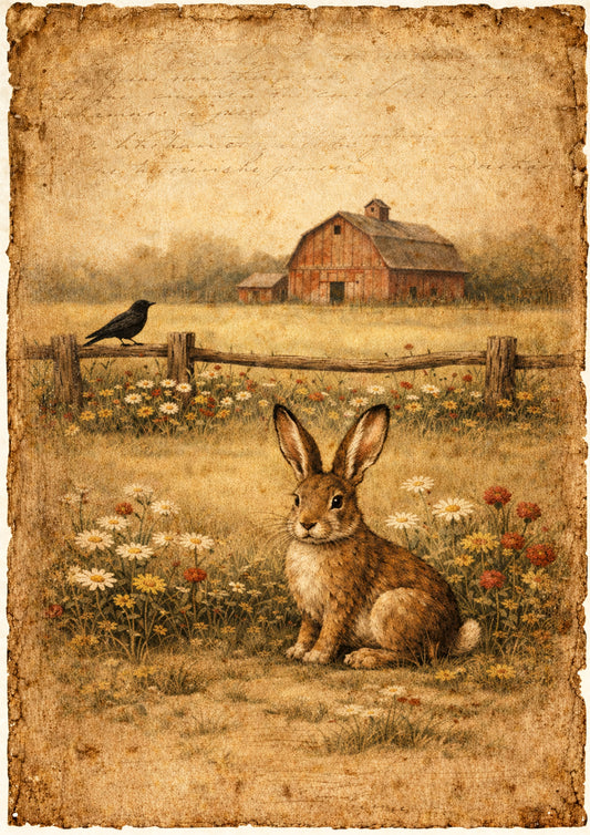 Spring Hare with Flowers, Crow, and Barn