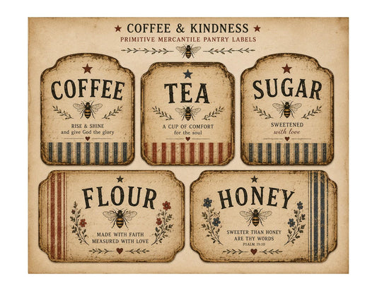 Coffee And Kindness - Primitive Mercantile Ticking Stripe Pantry Labels