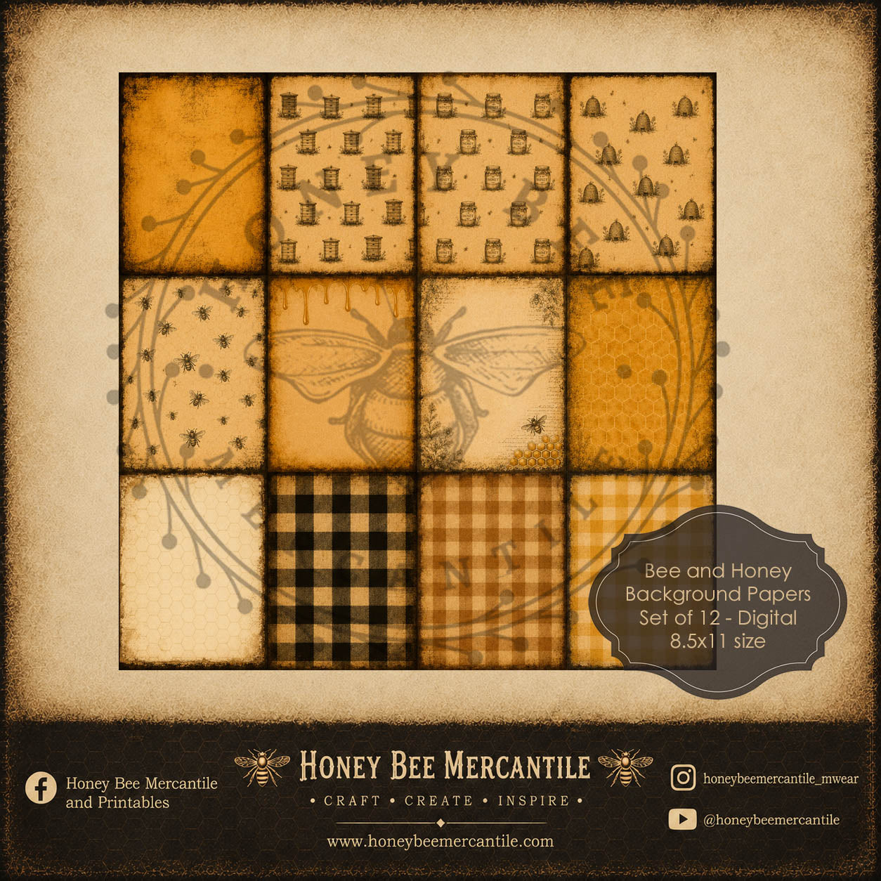 Bee and Honey Background Papers, 8.5x11, Set of 12 Papers, Digital Download, Printable, Decoupage, Vintage, Primitive