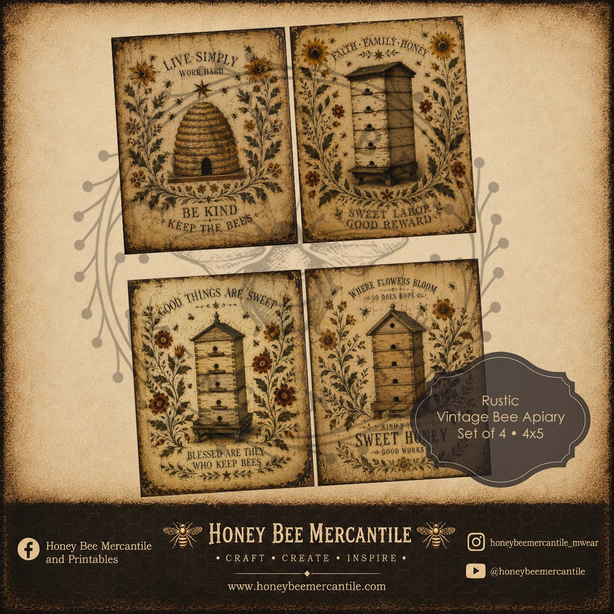 Vintage Bee Apiary Prints, Set of 4, 4x5 inch, Digital Download, Printable, Decoupage, Vintage, Primitive