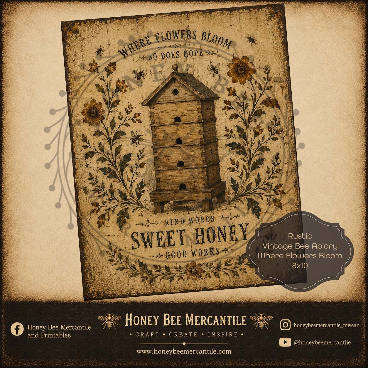 Vintage Bee Apiary, Where Flowers Bloom, 8x10, Digital Download, Printable, Decoupage, Vintage, Primitive