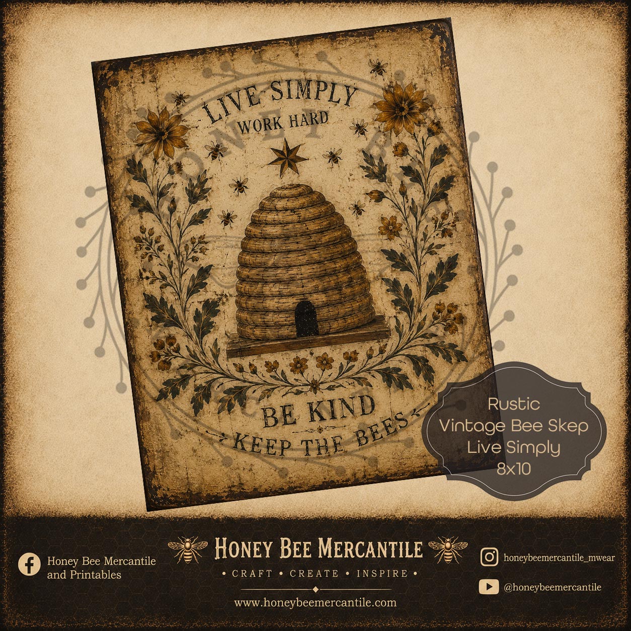 Vintage Bee Skep, Live Simply, 8x10, Digital Download, Printable, Decoupage, Vintage, Primitive