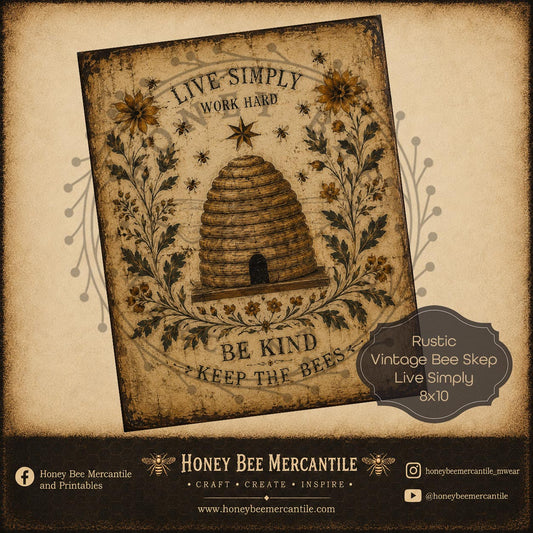 Vintage Bee Skep, Live Simply, 8x10, Digital Download, Printable, Decoupage, Vintage, Primitive