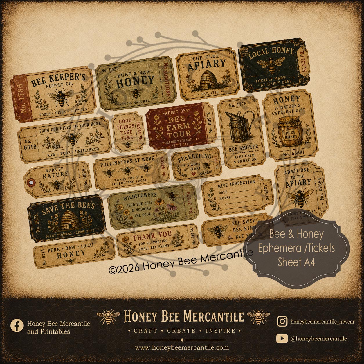 Bee and Honey Ephemera Ticket Sheet, A4 size, Digital Download, Printable, Decoupage, Vintage, Primitive