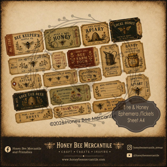 Bee and Honey Ephemera Ticket Sheet, A4 size, Digital Download, Printable, Decoupage, Vintage, Primitive