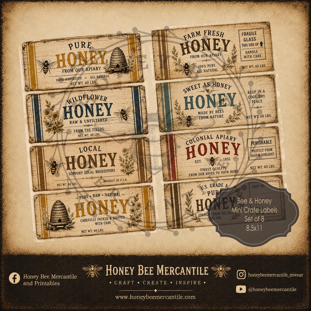 Bee and Honey Mini Crate Labels, Set of 8, Digital Download, Printable, Decoupage, Vintage, Primitive