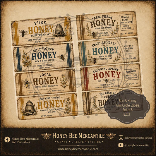 Bee and Honey Mini Crate Labels, Set of 8, Digital Download, Printable, Decoupage, Vintage, Primitive
