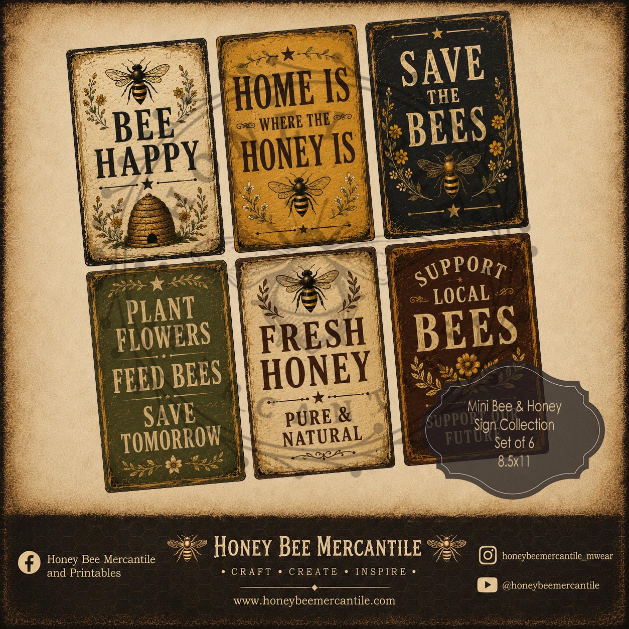 Bee and Honey Mini Sign Collection, Set of 6, Digital Download, Printable, Decoupage, Vintage, Primitive