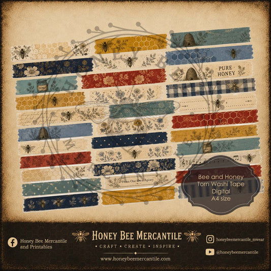 Bee and Honey Torn Washi Tape, A4 size, Digital Download, Printable, Decoupage, Vintage, Primitive, Set 1