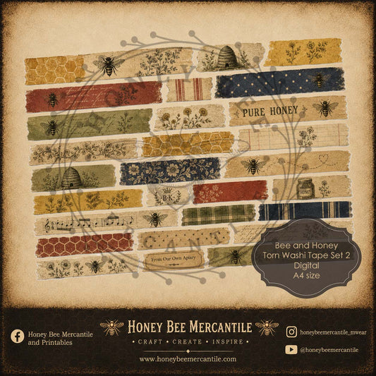 Bee and Honey Torn Washi Tape, A4 size, Digital Download, Printable, Decoupage, Vintage, Primitive, Set 2